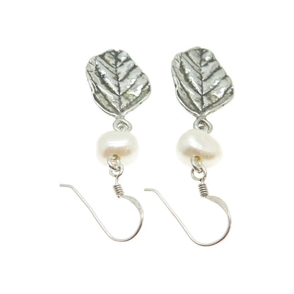 BILI 925 Sterling Silver Vintage Real Pearl  Floral Leaf Oxidized Earrings