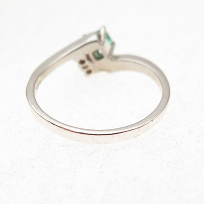 925 Sterling Silver Vintage Real Emerald & C Z Bypass Ring Size 7.25