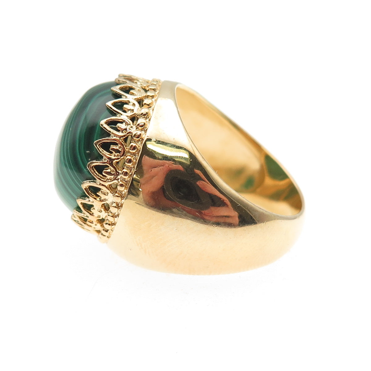 925 Sterling Silver Gold Plated Real Malachite Crown Ring Size 6.25