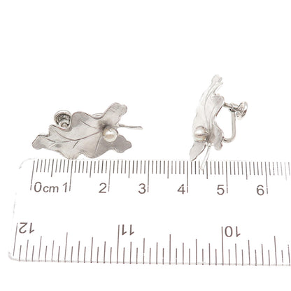 Carl Art 925 Sterling Antique Art Deco Real Pearl Oak Leaf Screw Back Earrings