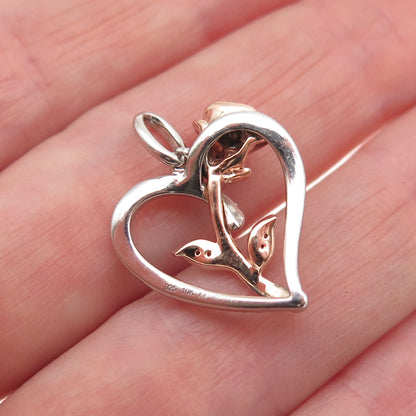 DISNEY 925 Sterling 10K Gold Real Diamond Belle Rose & Heart Mini Charm Pendant