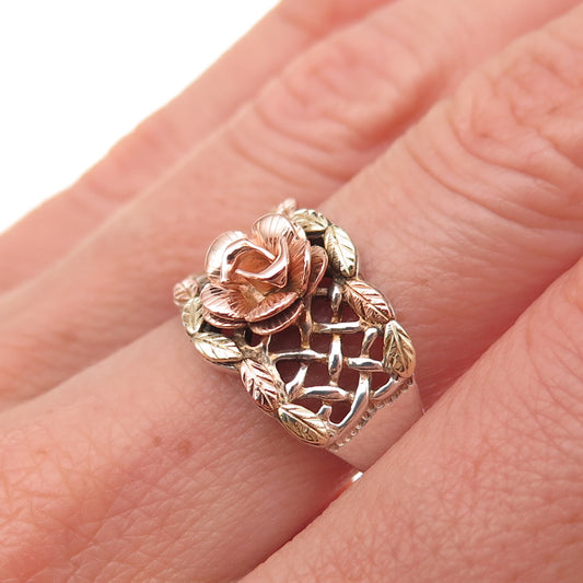 Coleman Co. Sterling Silver 12K Multi-Gold Vintage Rose Floral Ring Size 8.25