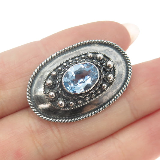 935 Silver Vintage Israel Real Blue Topaz Gemstone Pin Brooch