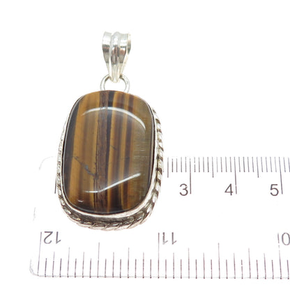 925 Sterling Silver Vintage Real Cabochon Tiger Eye Charm Pendant