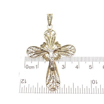 800 Silver 2-Tone Vintage Italy Crucifix Cross Filigree Charm Pendant