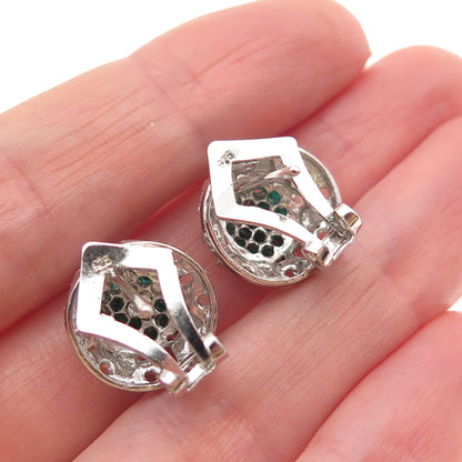 925 Sterling Silver Vintage Round-Cut Green Rhinestone Omega Back Earrings