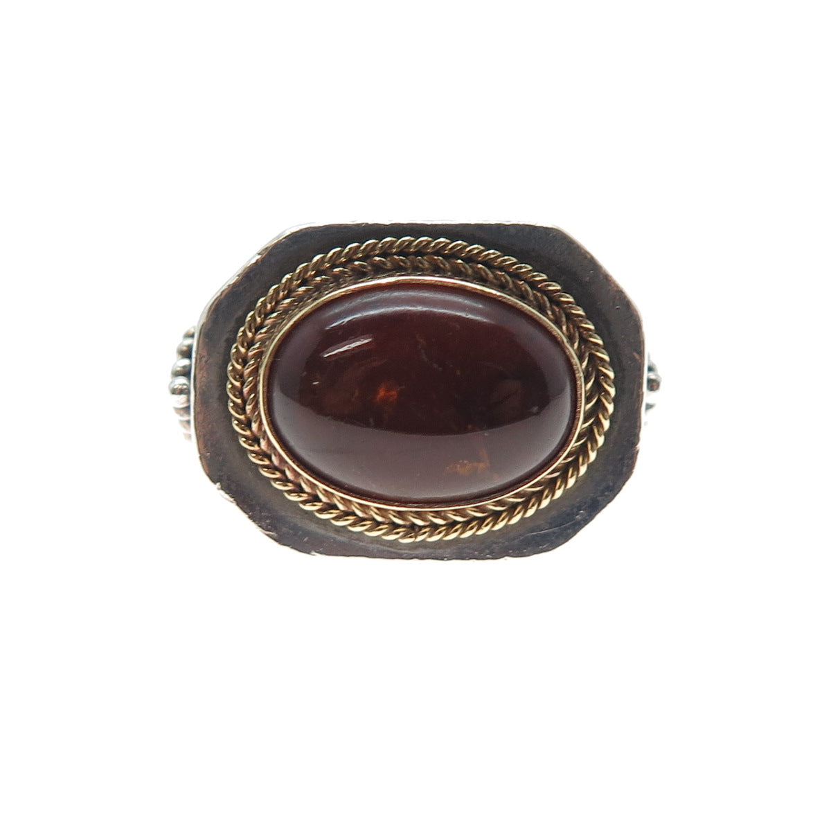 18K Gold 925 Sterling Silver Vintage Real Amber Modernist Woven Ring Size 6