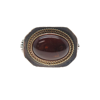 18K Gold 925 Sterling Silver Vintage Real Amber Modernist Woven Ring Size 6