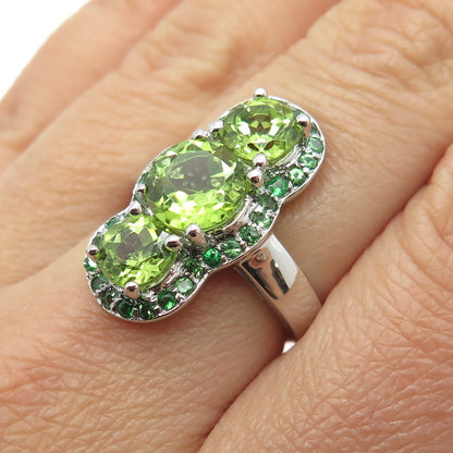 DSMK 925 Sterling Silver Real Round-Cut Peridot Green Tourmaline Ring Size 7.25