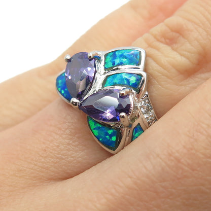 925 Sterling Silver Real Opal Amethyst & C Z Cocktail Ring Size 6