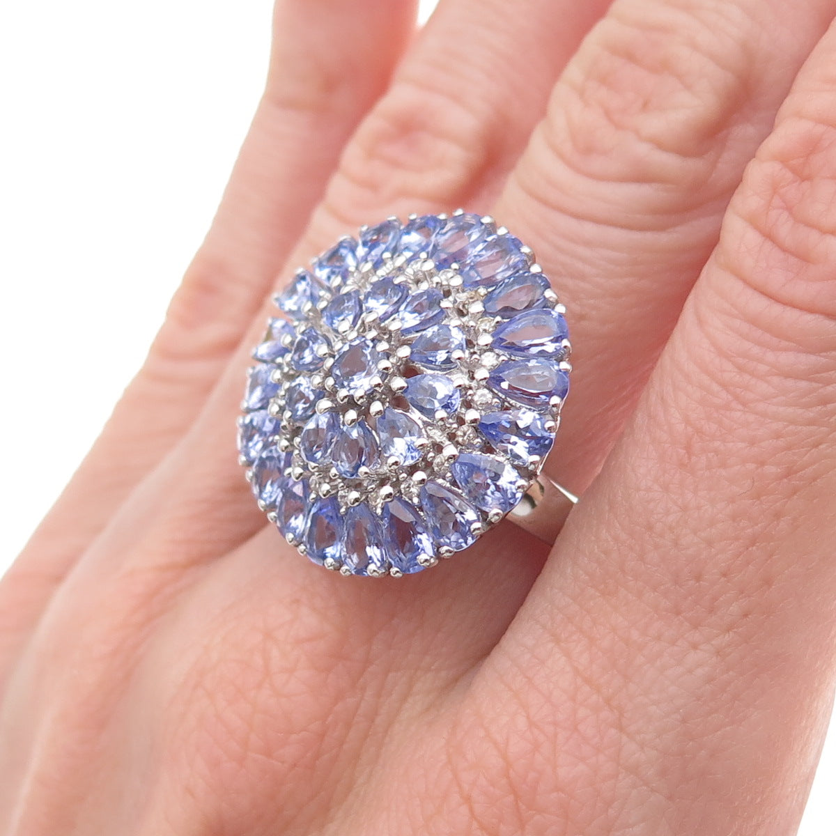925 Sterling Silver Real Tanzanite & White Topaz Statement Ring Size 8.5