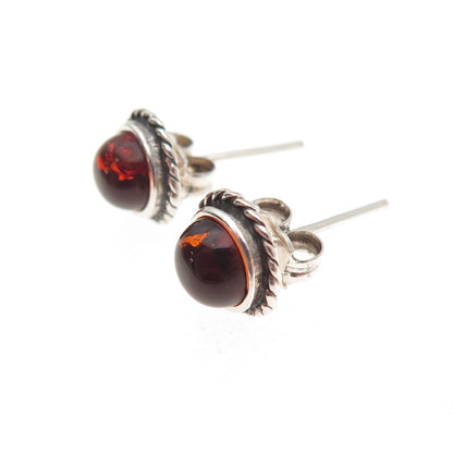 925 Sterling Silver Vintage Real Amber Oxidized Stud Earrings