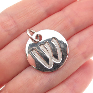 925 Sterling Silver Vintage Letter W Initial Round Tag Charm Pendant