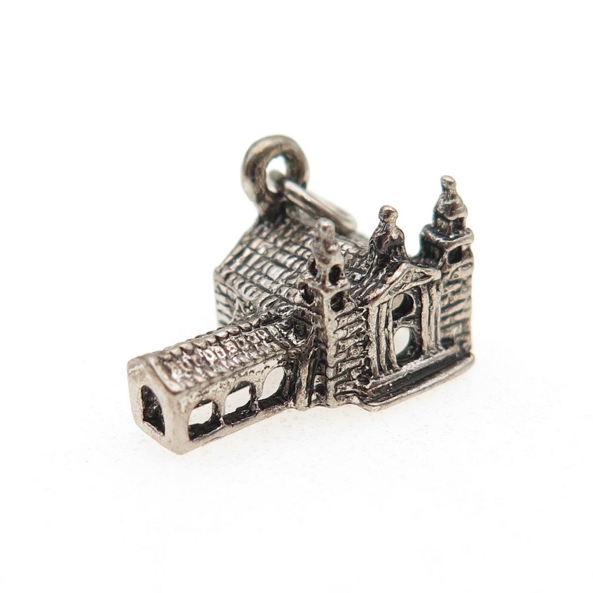 925 Sterling Silver Vintage Old Church Oxidized Mini 3D Charm Pendant