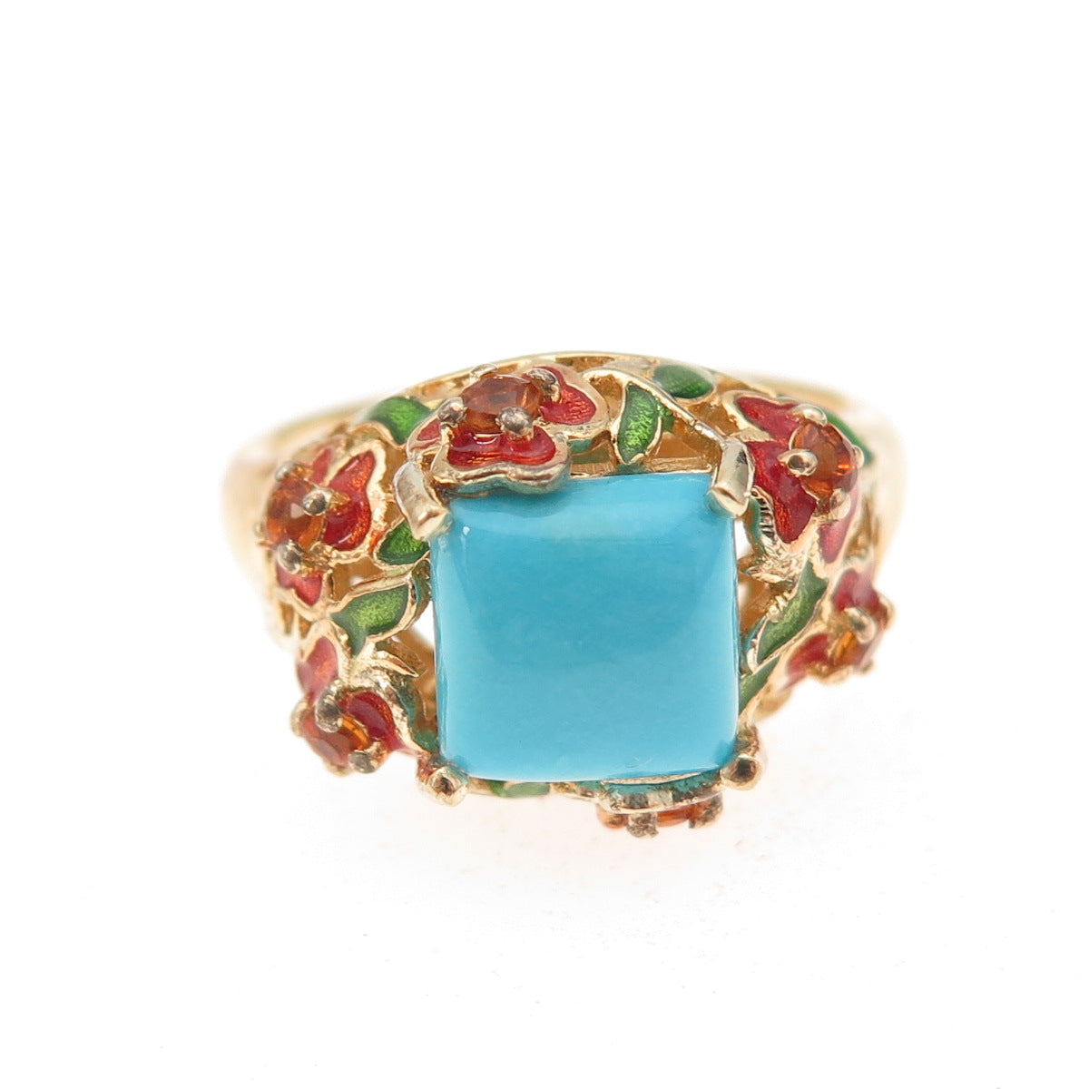 Chuck Clemency 925 Sterling Gold Plated Enamel Turquoise Citrine Ring Size 8.25