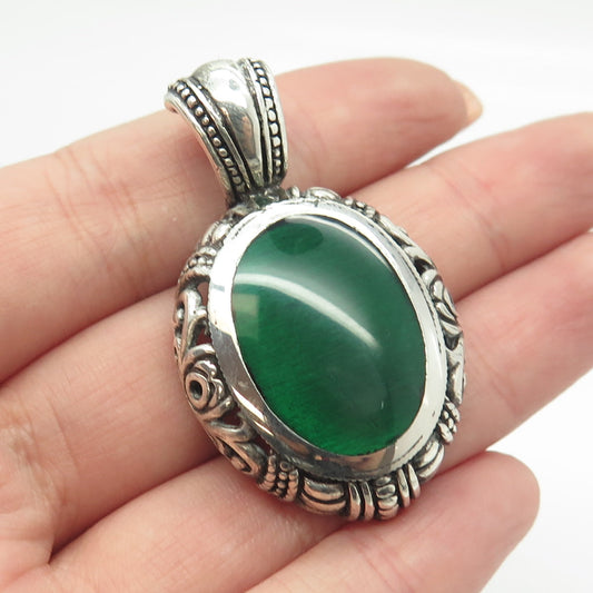 925 Sterling Silver Vintage Green Enamel Oval Ornate Floral Pendant