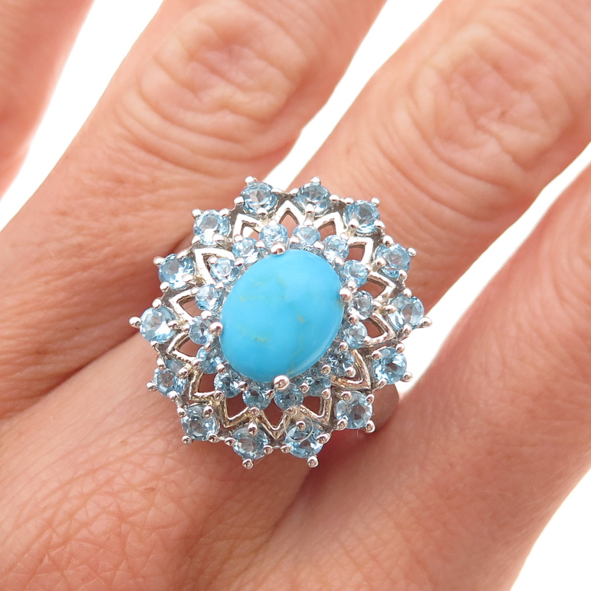 925 Sterling Silver Real Turquoise & Blue Topaz Ring Size 8.25