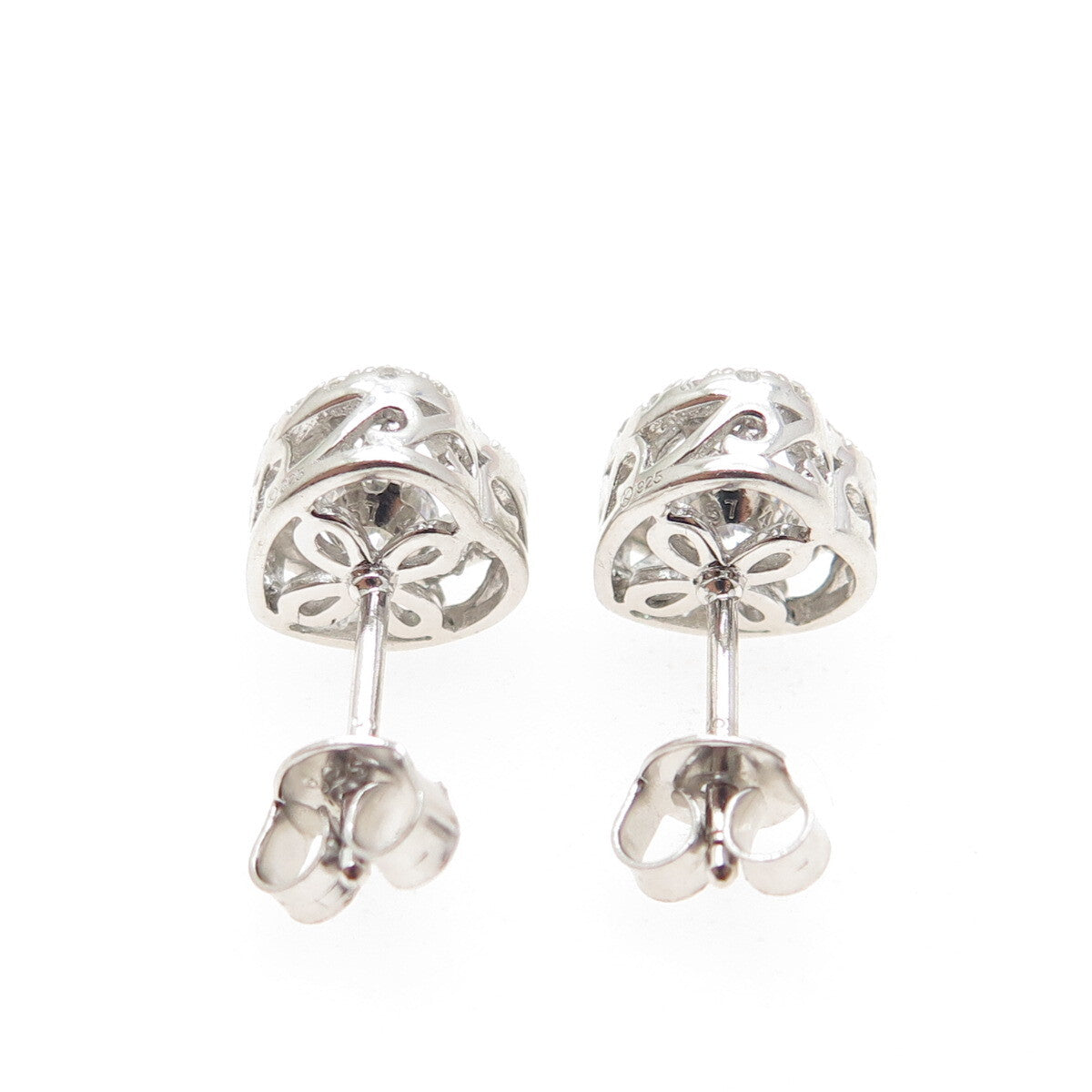 925 Sterling Silver Round-Cut C Z Heart Stud Earrings