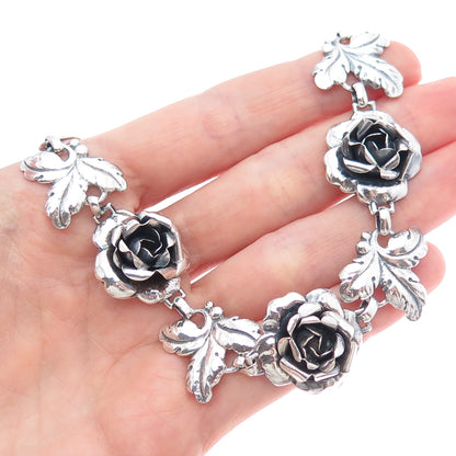 925 Sterling Silver Antique Rose Flower Oxidized Necklace 16" (missing lock)