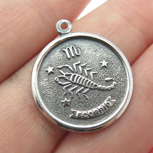 BEAU 925 Sterling Silver Vintage Scorpio Zodiac Sign Round Charm Pendant