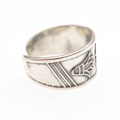 800 Silver Vintage Egyptian Scarab & Flower Oxidized Adjustable Ring Size 9