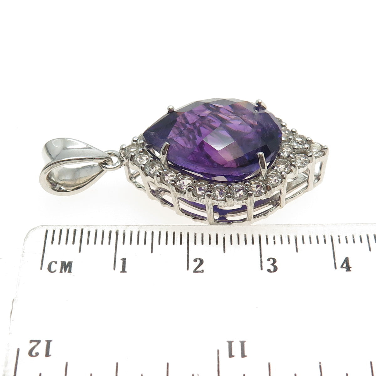 925 Sterling Silver Real Pear-Cut Amethyst & Round-Cut White Topaz Pendant