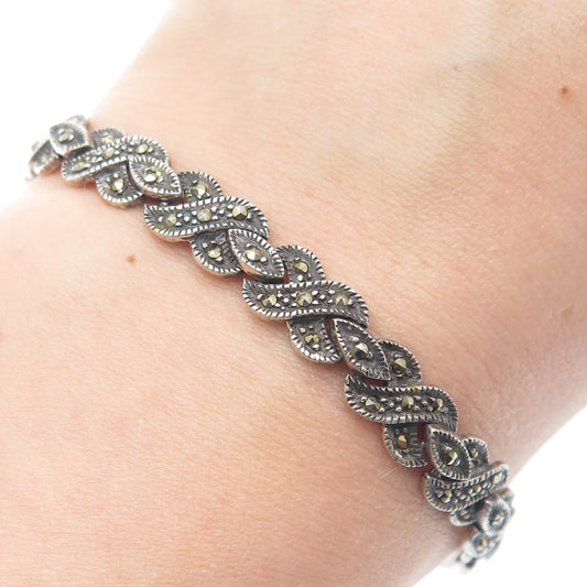 925 Sterling Silver Vintage Real Marcasite Gem XO Link Oxidized Bracelet 6.75"