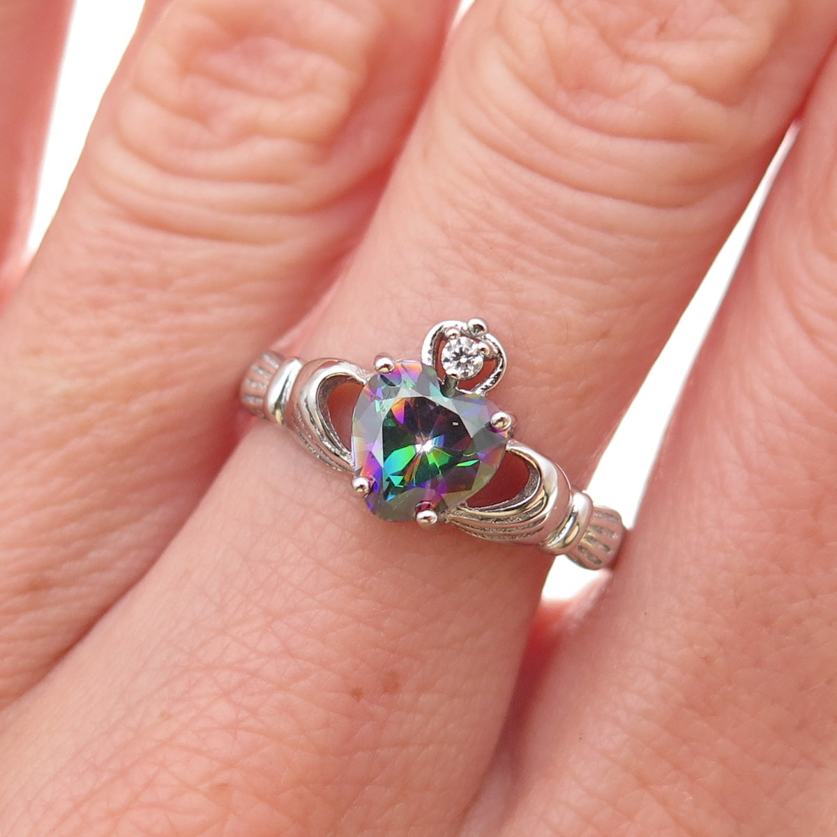 925 Sterling Silver Real Mystic Quartz & C Z Irish Claddagh Ring Size 7.25