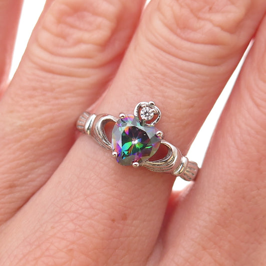 925 Sterling Silver Real Mystic Quartz & C Z Irish Claddagh Ring Size 7.25