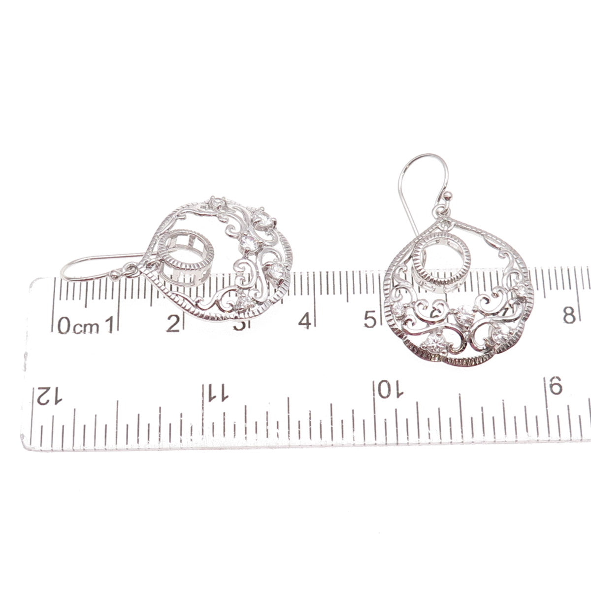 925 Sterling Silver Real White Topaz Ornate Crescent Dangle Earrings