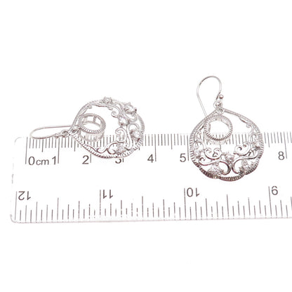 925 Sterling Silver Real White Topaz Ornate Crescent Dangle Earrings