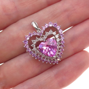 925 Sterling Silver Real Pink & White Topaz Heart Charm Pendant