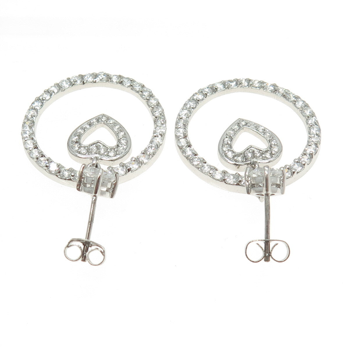 925 Sterling Silver Round-Cut C Z Circle of Life & Heart Dangling Earrings