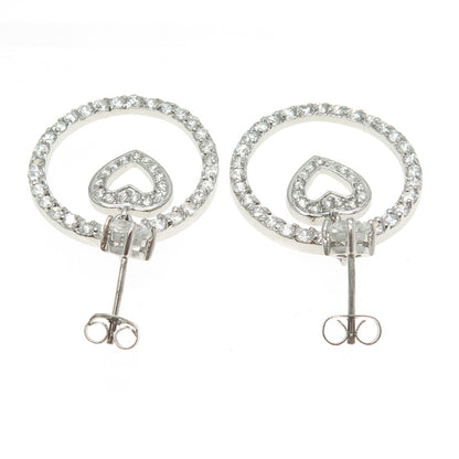 925 Sterling Silver Round-Cut C Z Circle of Life & Heart Dangling Earrings