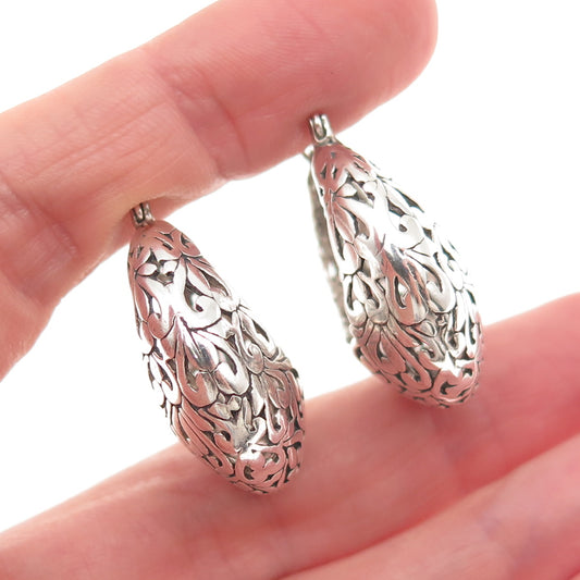 Jezlaine 925 Sterling Silver Vintage Ornate Floral Oxidized Hoop Earrings