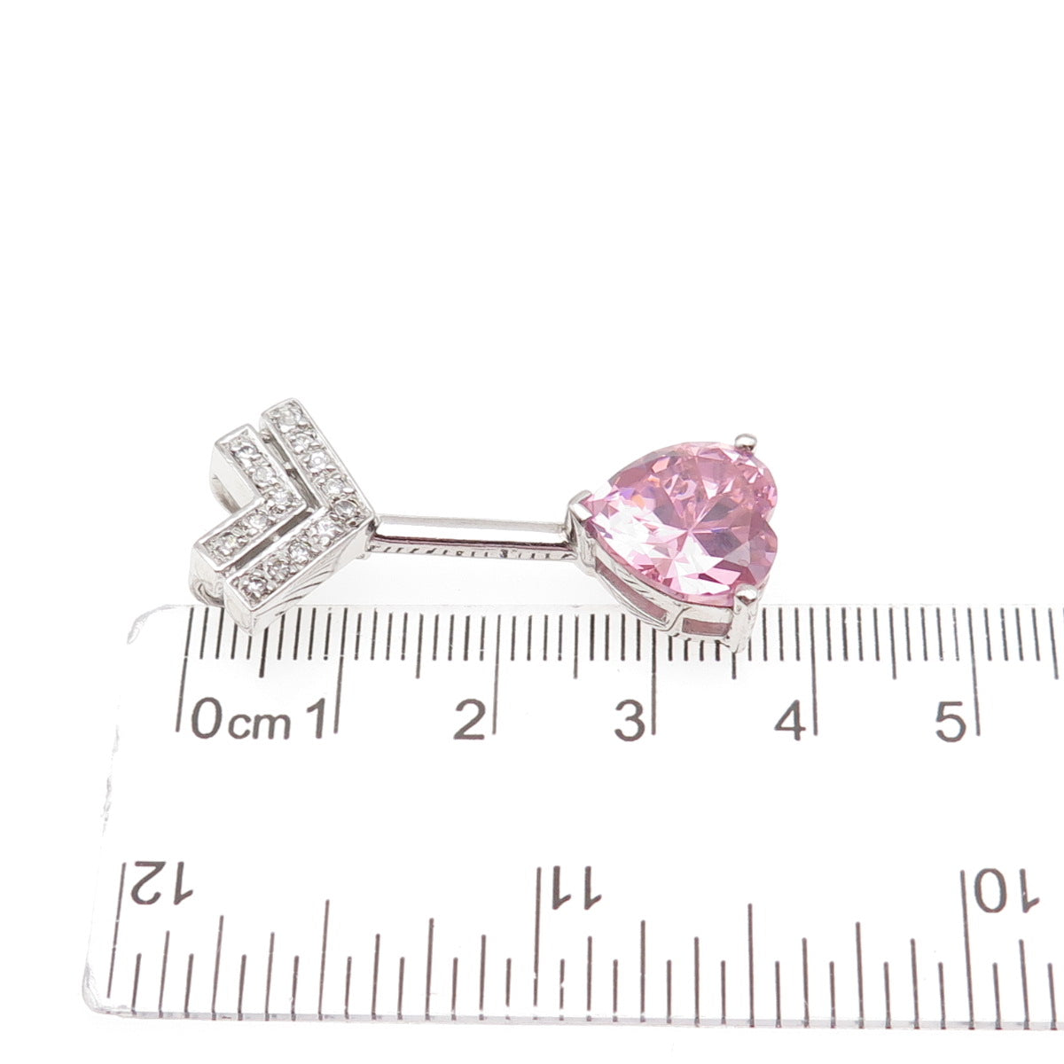 925 Sterling Silver Pink & White C Z Heart Arrow Slide Charm Pendant