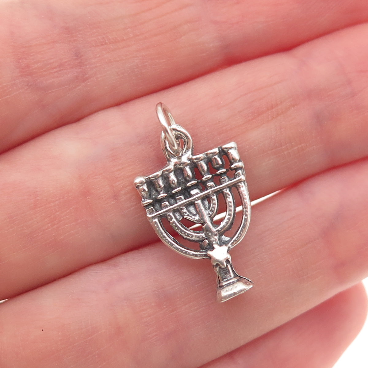 925 Sterling Silver Vintage Menorah Judaica Oxidized Charm Pendant