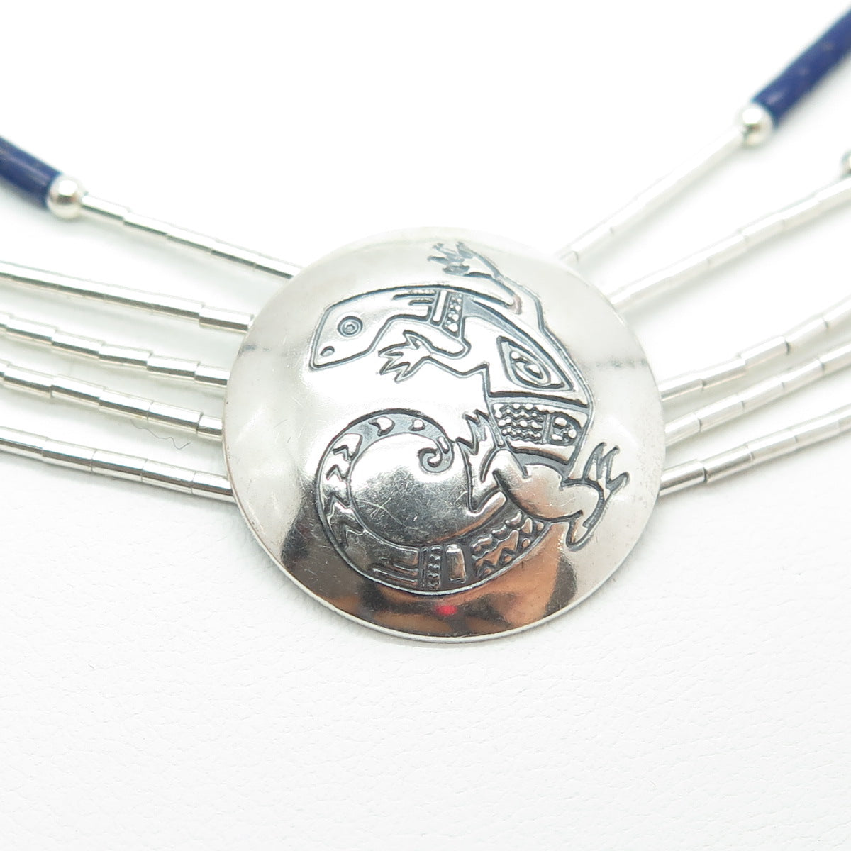 Old Pawn Sterling Silver Lapis Lazuli Lizard Concho 5-Liquid Chain Necklace 20"