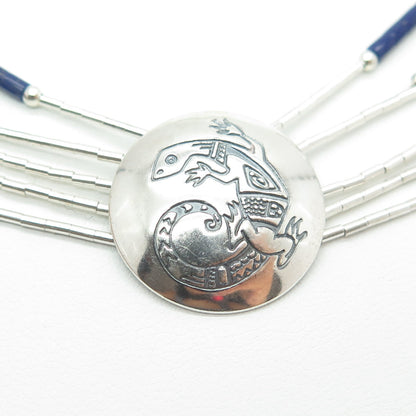 Old Pawn Sterling Silver Lapis Lazuli Lizard Concho 5-Liquid Chain Necklace 20"