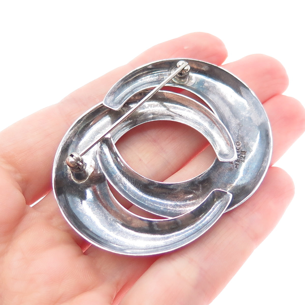 925 Sterling Silver Vintage Mexico Modernist Crescent Eternity Oxidized Brooch