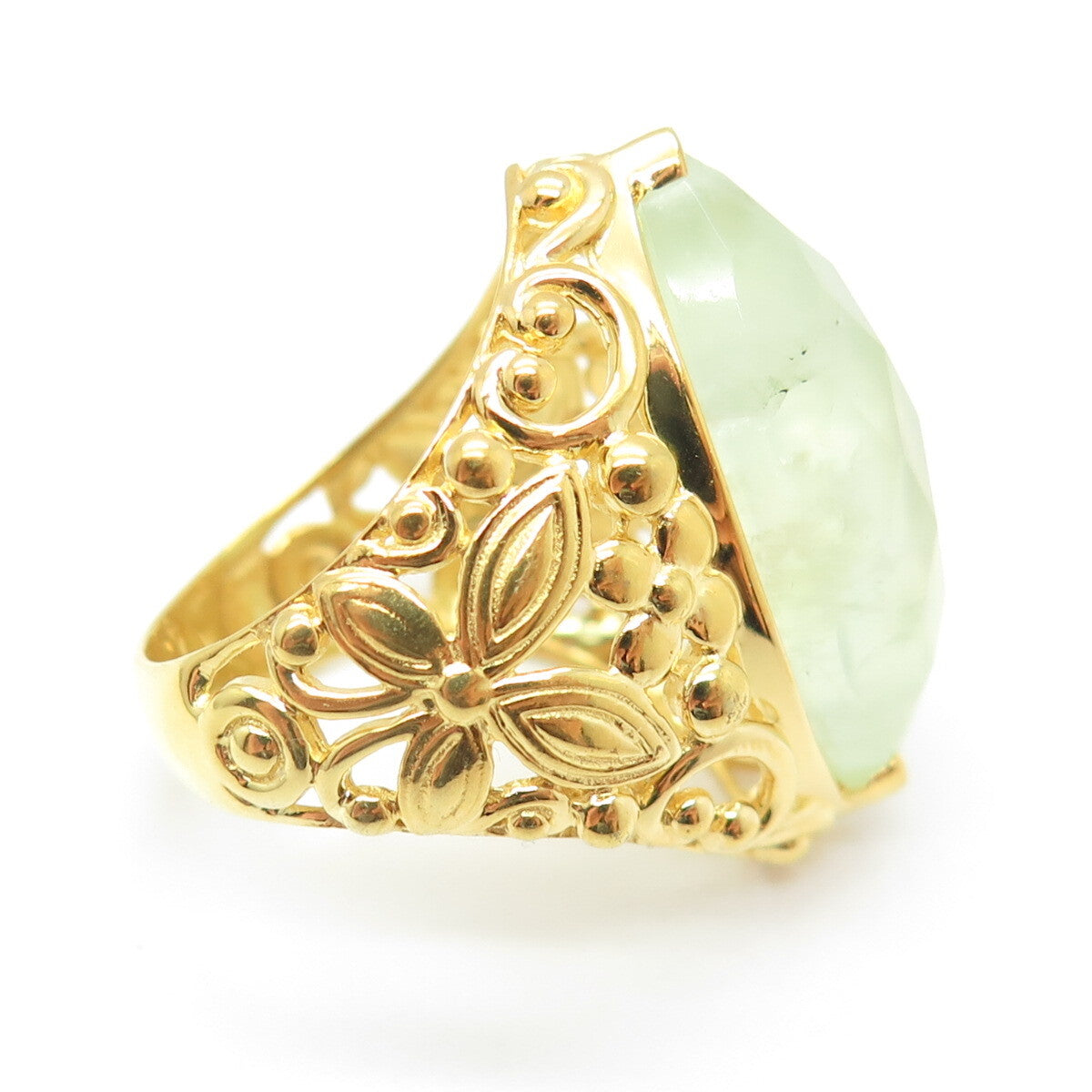 925 Sterling Silver Gold Plated Real Marquise-Cut Prehnite Floral Ring Size 7.5