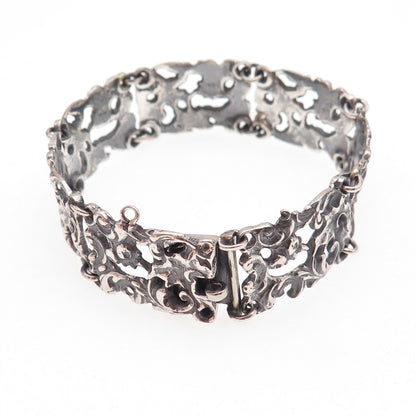 800 Silver Antique Art Deco Floral Panel Link Oxidized Bracelet 7"