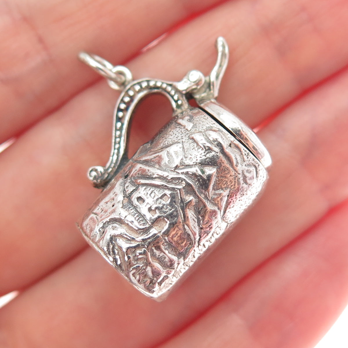 800 Silver Antique Beer Stein Mountain Town Locket 3D Charm Pendant