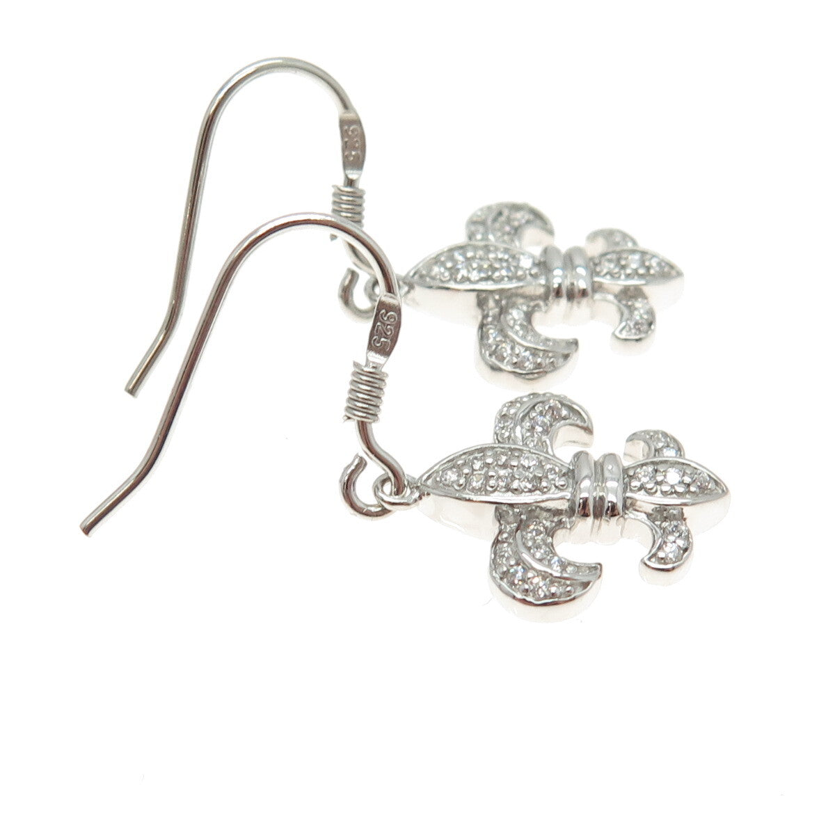 925 Sterling Silver Round-Cut C Z Fleur de Lis Dangling Earrings