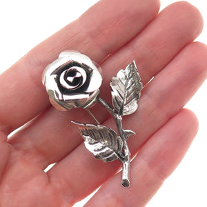 Beau 925 Sterling Silver Vintage Rose Flower Oxidized Pin Brooch