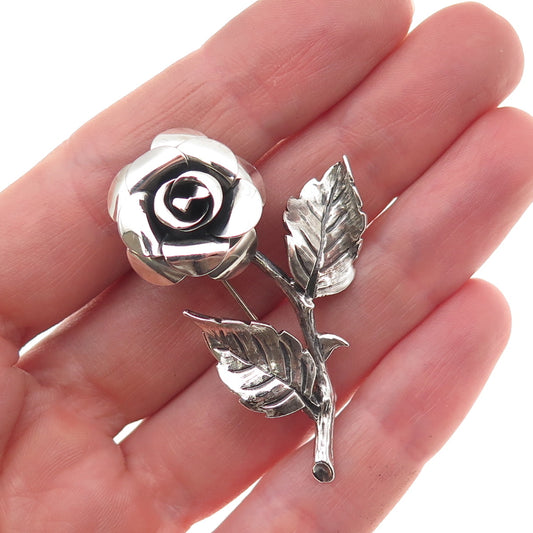 Beau 925 Sterling Silver Vintage Rose Flower Oxidized Pin Brooch