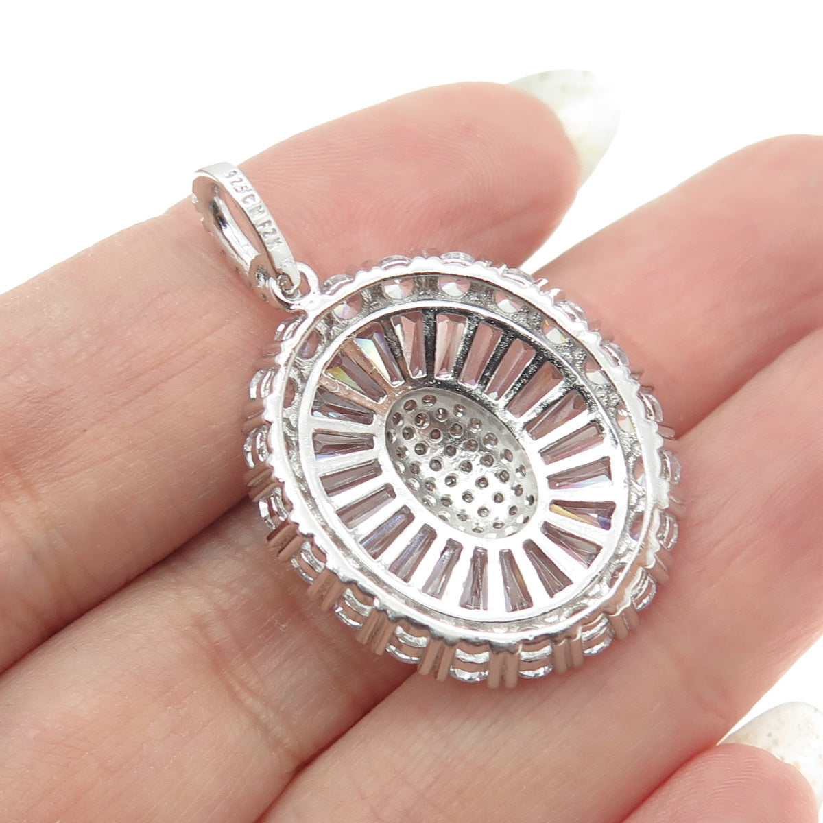 925 Sterling Silver Tapered Baguette & Round-Cut C Z Sparkle Oval Pendant