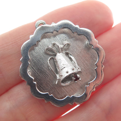 925 Sterling Silver Vintage Red Rhinestone Bell Charm Pendant