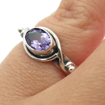 925 Sterling Silver Vintage Real Oval-Cut Amethyst Swirl Ring Size 3.75