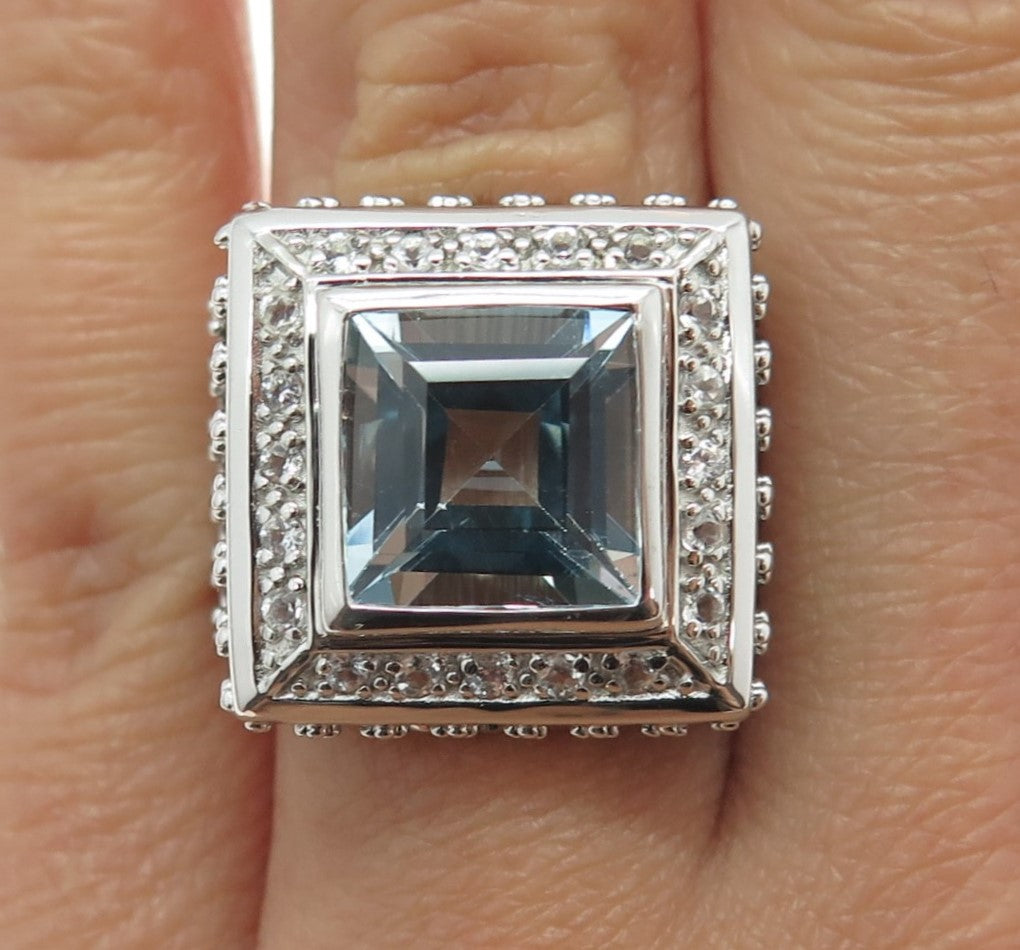 925 Sterling Silver Real Princess-Cut Blue & Round-Cut White Topaz Ring Size 7